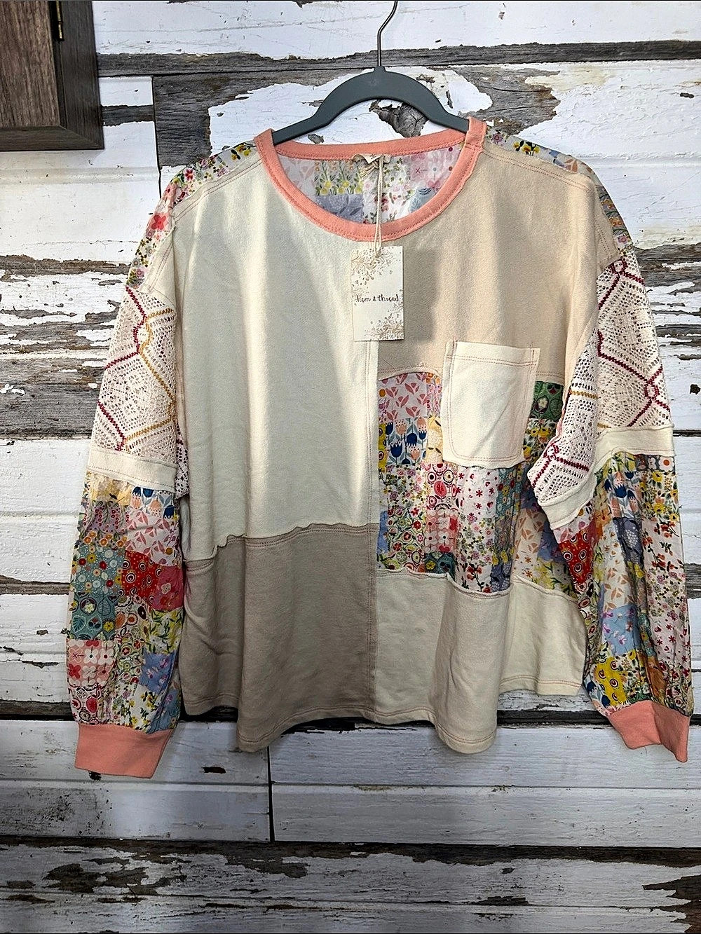 Hem & Thread Patchwork Long Sleeve Top in Cream & Pink Size Small NWT ((1134 A